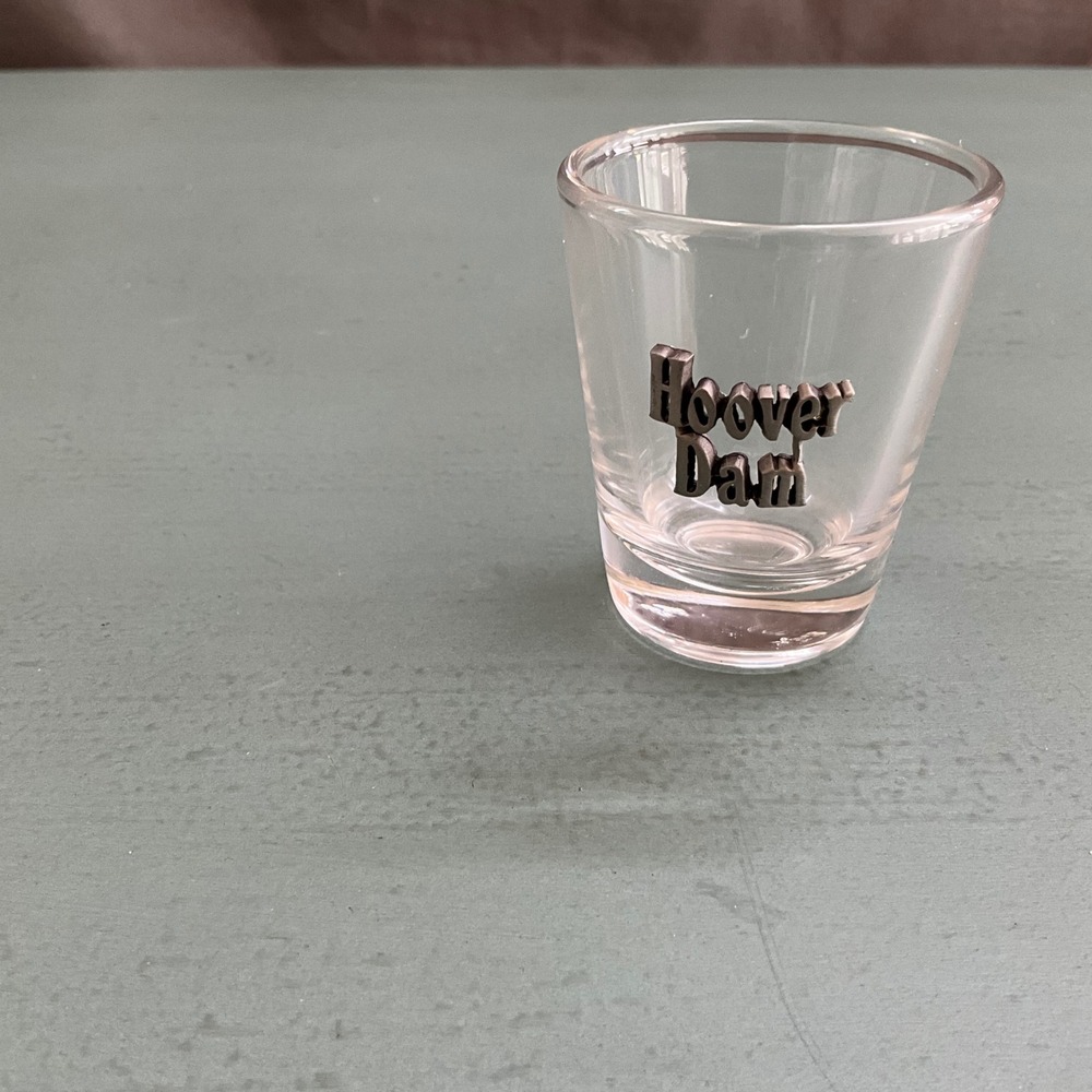 Vintage Hoover Dam Souvenir Shot Glass Raised Pewter Emblem Made in USA Barware